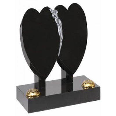 EC153 Black Granite double heart memorial divided by hand carved and highlighted lily.
