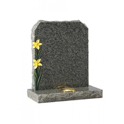 EC67 Green Granite Headstone with rustic edges and coloured highlighted daffodils.