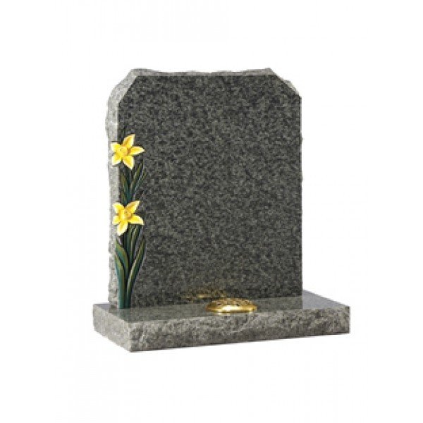 EC67 Green Granite Headstone with rustic edges and coloured highlighted daffodils.