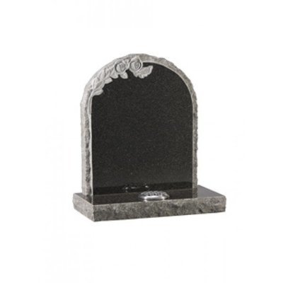EC69 Dark Grey Granite round top headstone with rustic edges and natural carved roses.