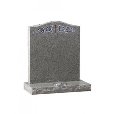 EC70 Karin Grey Granite headstone with carved and highlighted roses either side of a latin cross.