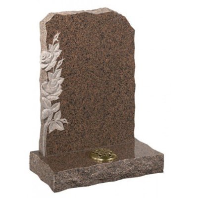 EC72 Balmoral Red Granite headstone with natural carved roses and rustic edges.