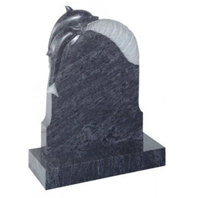 EC73 Bahama Blue Granite headstone with two hand carved dolphins and a wave.