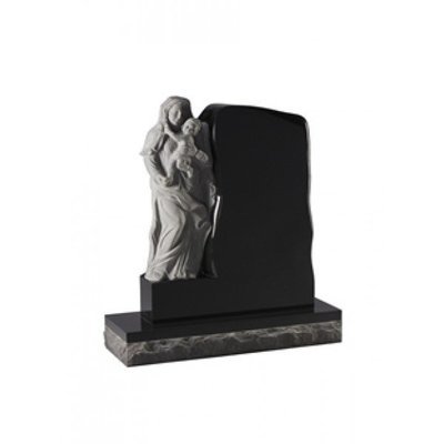 EC86 Black Granite headstone with beautiful carved mother and child figure.