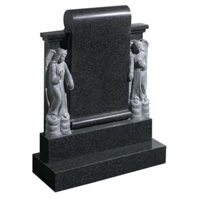 EC87 Dark Grey Granite headstone with two hand carved angels either side of a scroll.