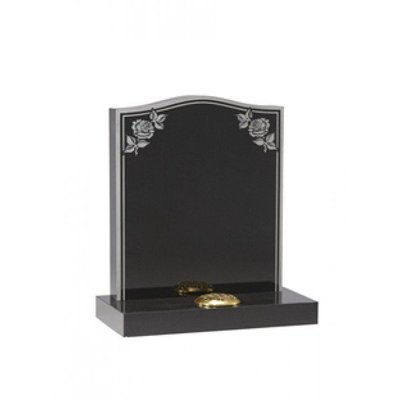 EC17 Black Granite headstone with sandblast etched rose and double border.