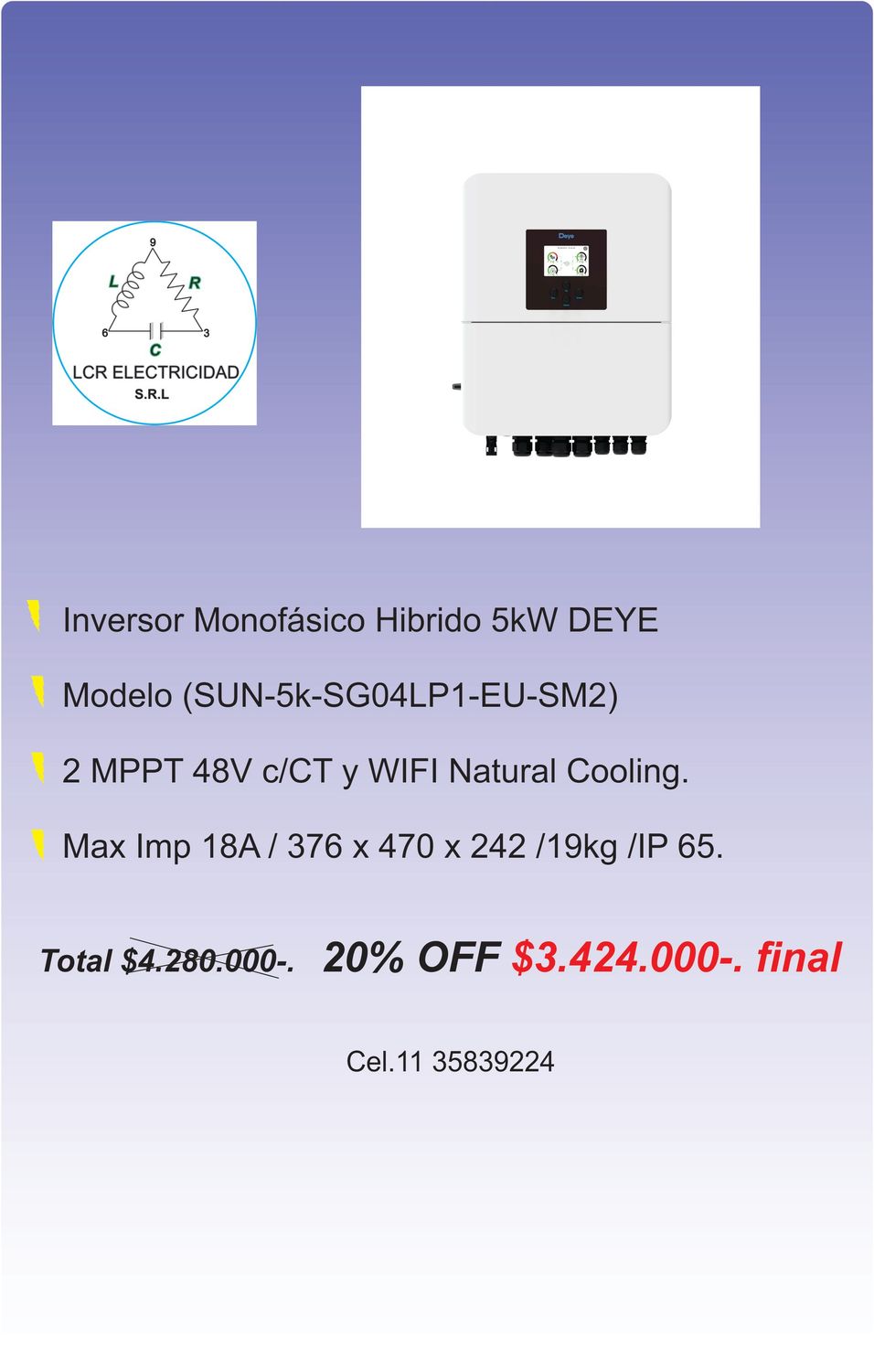 Inversor monofásico hibrido 5kW DEYE