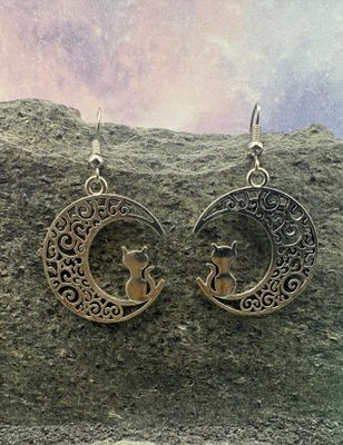 Cat and Moon Earrings/Necklace