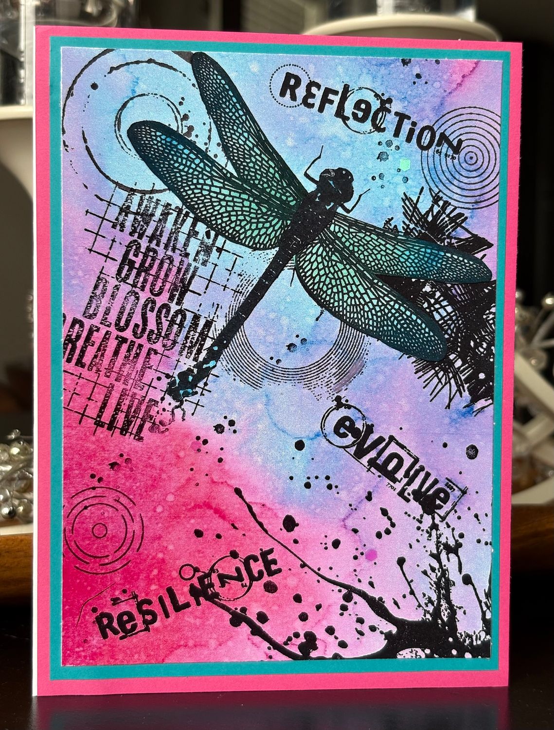 “Reflection. Aware, grow, blossom, breathe, live, evolve, resilience“- Greeting Card With Channelled Message