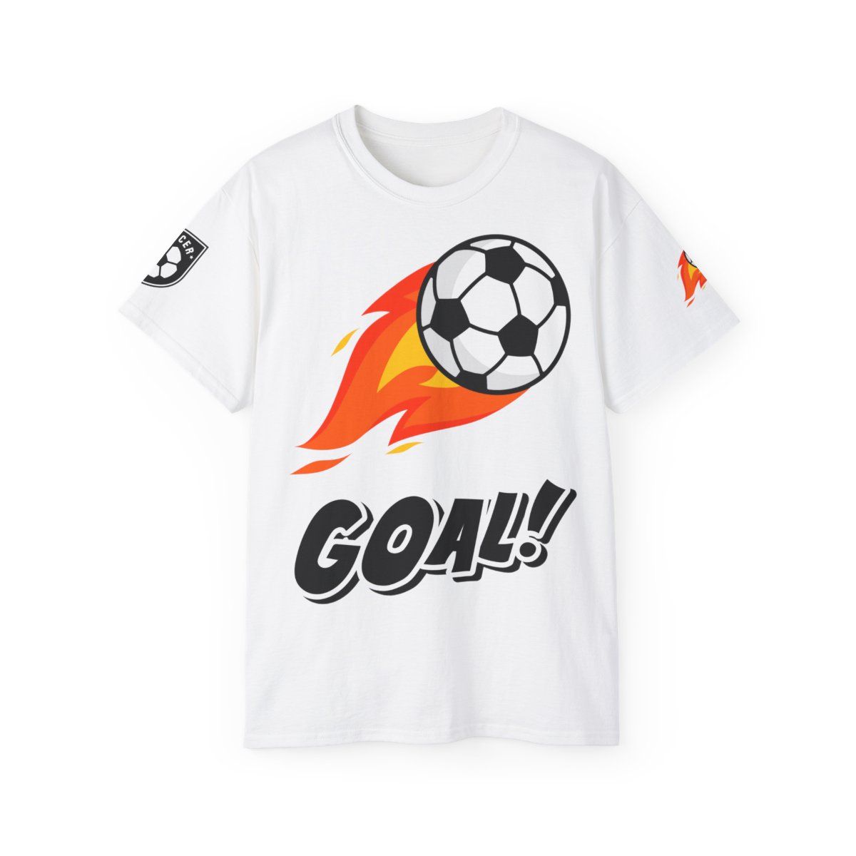 Flaming Soccer Ball GOAL! T-Shirt | Soccer Graphic Tee Sports Shirt, Colors: White, Sizes: S