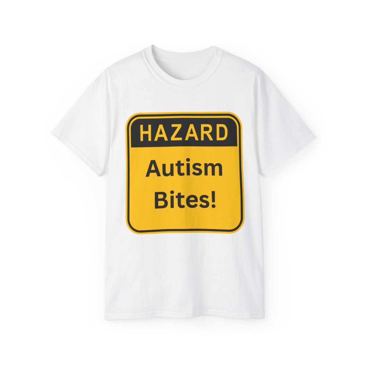 Autism Bites Meme T-Shirt | Yellow Warning Graphic T-Shirt, Colors: White, Sizes: S