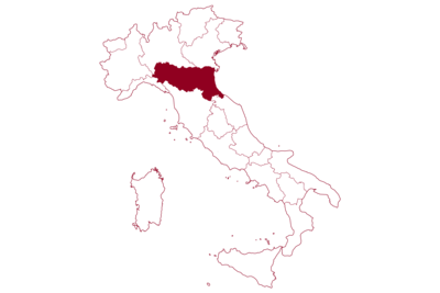 Karte von Italien mit hervorgehobener Region Emilia Romagna - vor weißen Hintergrund