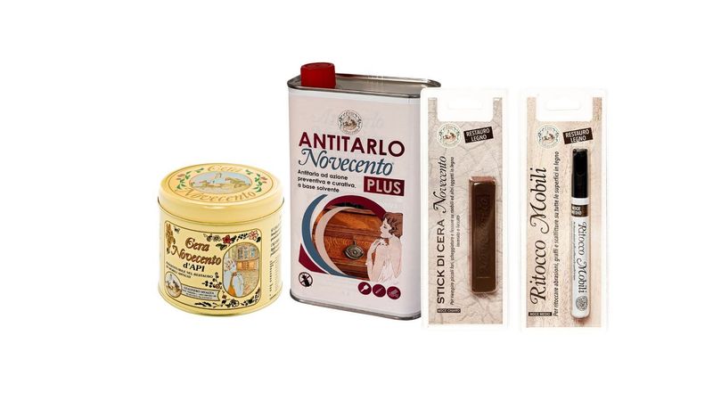 KIT RESTAURO LEGNO BASIC:  Stick Cera -  Antitarlo - Cera d’Api - Pennarello Ritocco