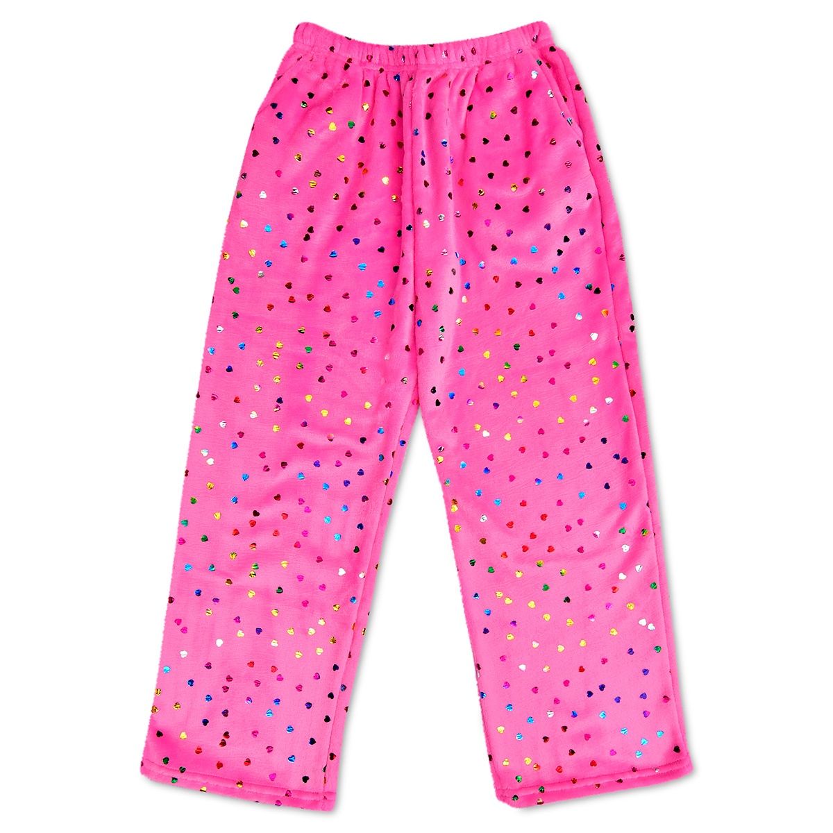 BRIGHT PINK FOIL HEART PLUSH PANTS