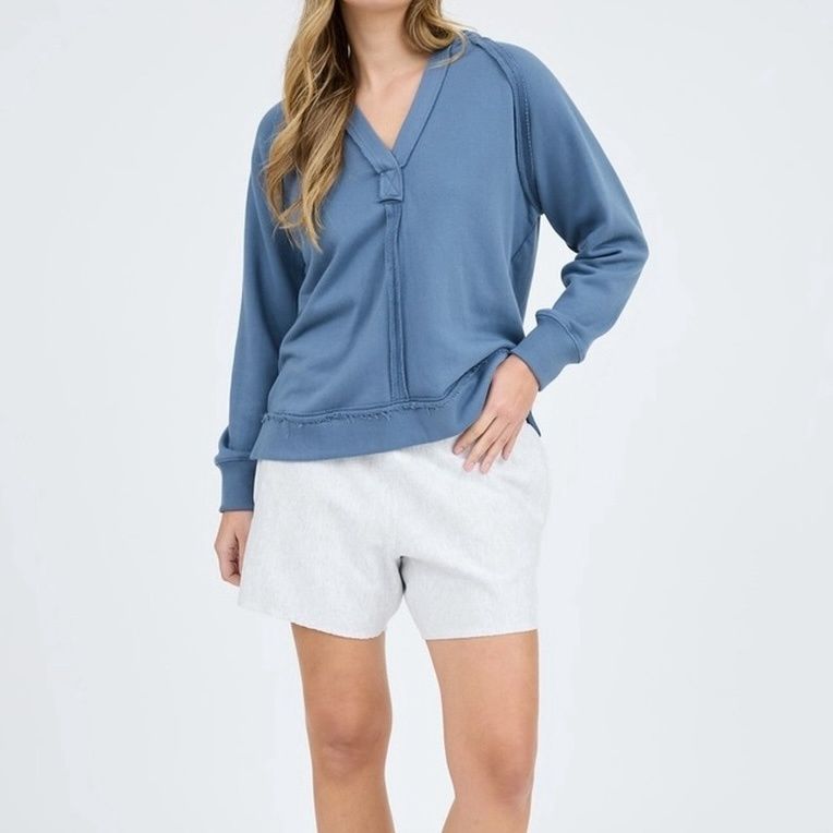 HOODED V NECK RAW EDGE LONG SLEEVE KNIT TOP