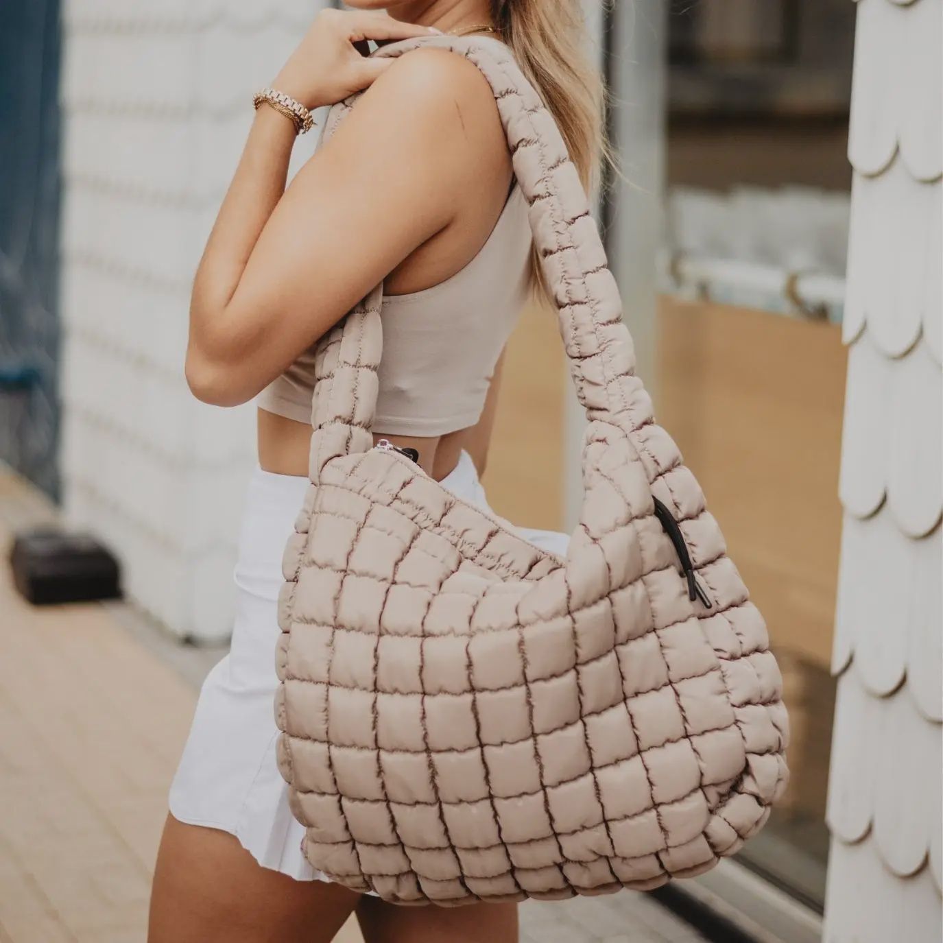 Oversized Quilted Tote Bag, Color: Tan