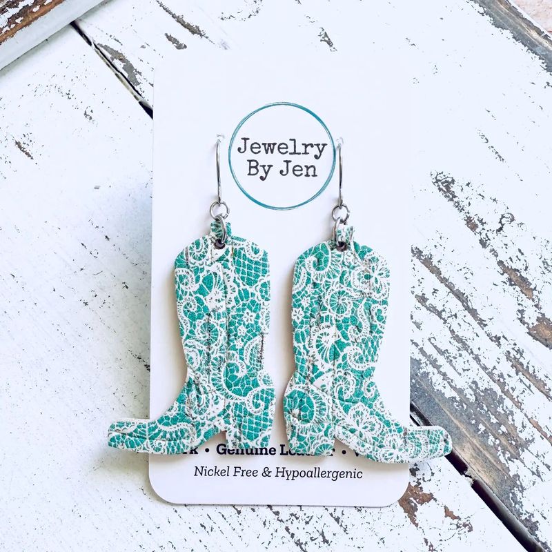 Cowgirl Boot Earrings: Aqua Lace