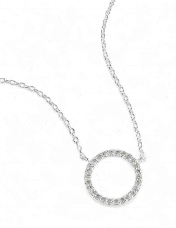 Large Pave Set Circle Cz Necklace- Silver Plated
