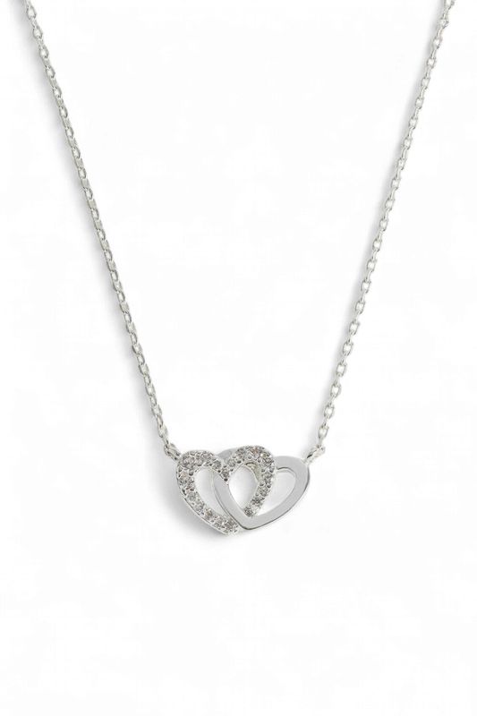 Cz Interlocking Heart Necklace- Silver Plated