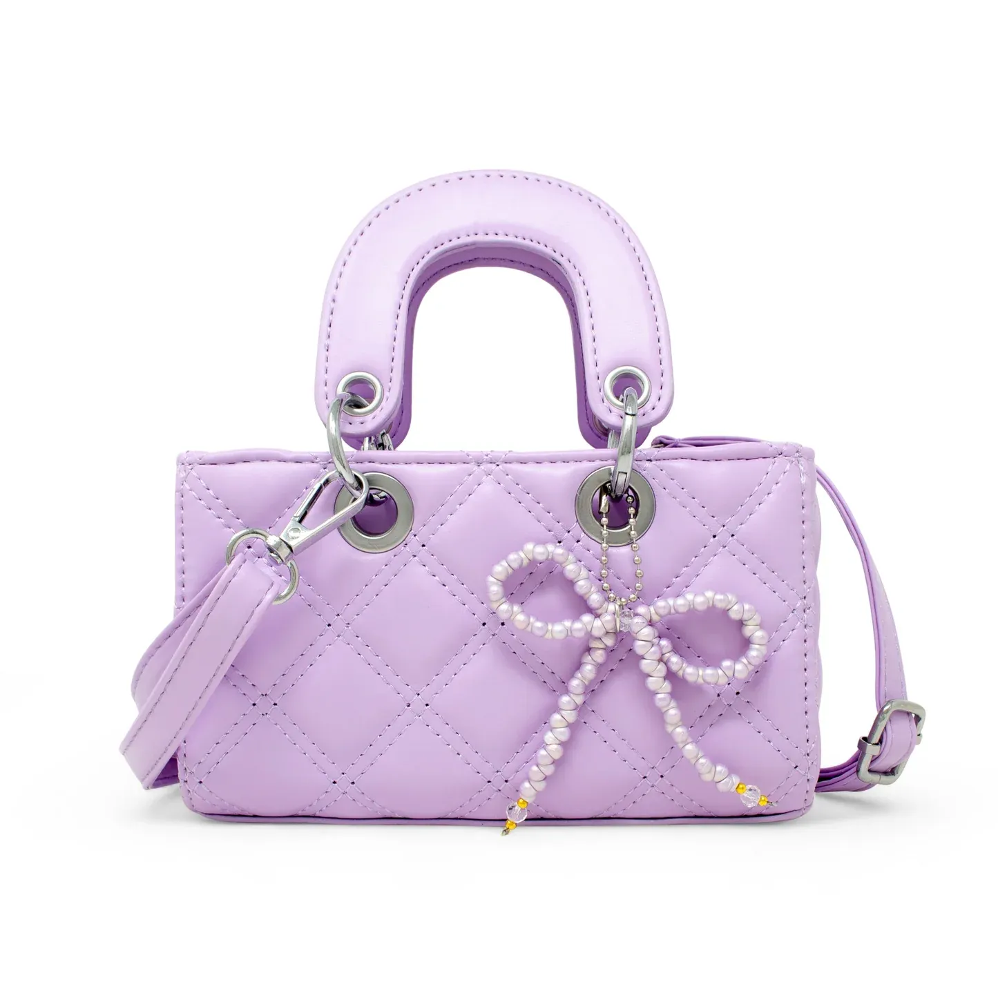 Quilted Rectangle Bow Charm Handbag, Color: Purple
