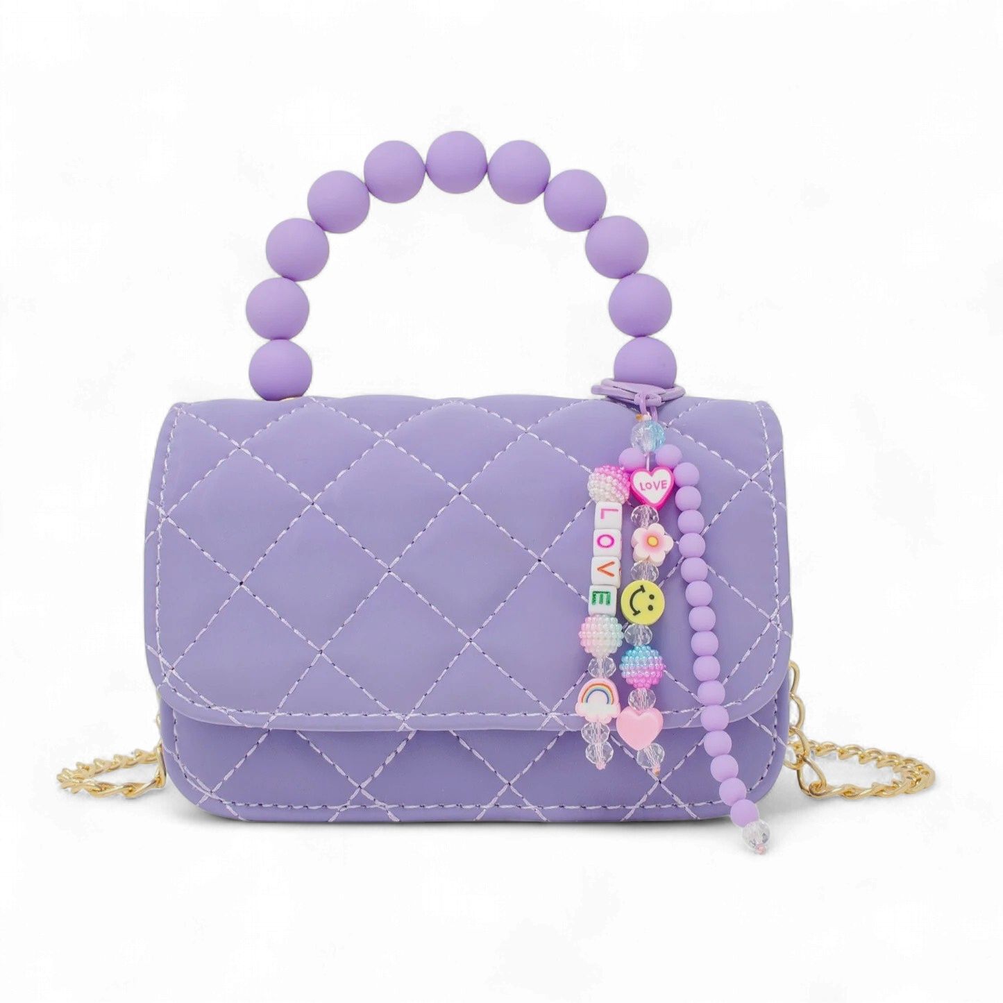 Pearl Handle Message Charm Handbag, Color: Purple