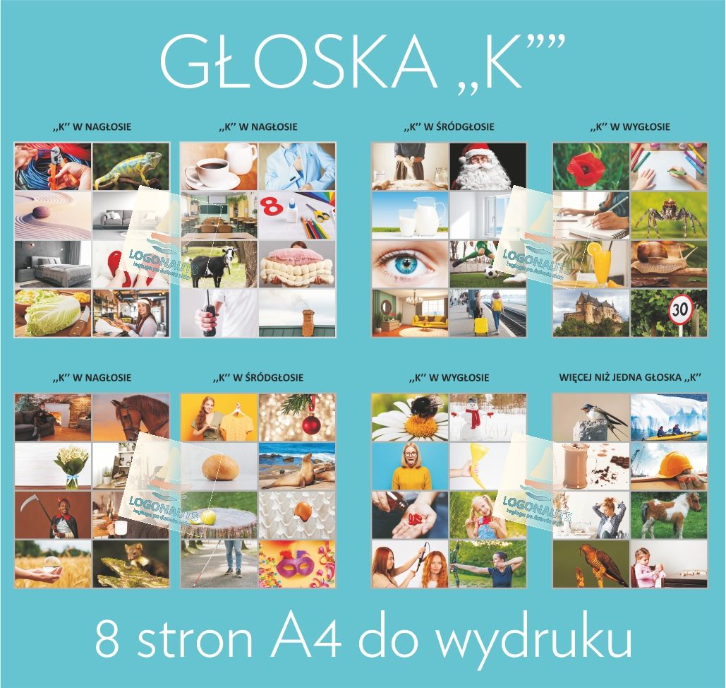 FISZKI Głoska ,,K&#39;&#39; PDF do wydruku (8 str. po 8 obrazków)