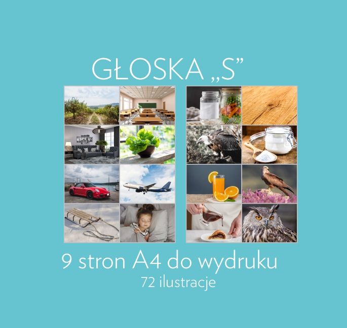 Głoska ,,S'' 9 stron 72 Ilustracje - Materiał do samodzielnego wydruku PDF A4
