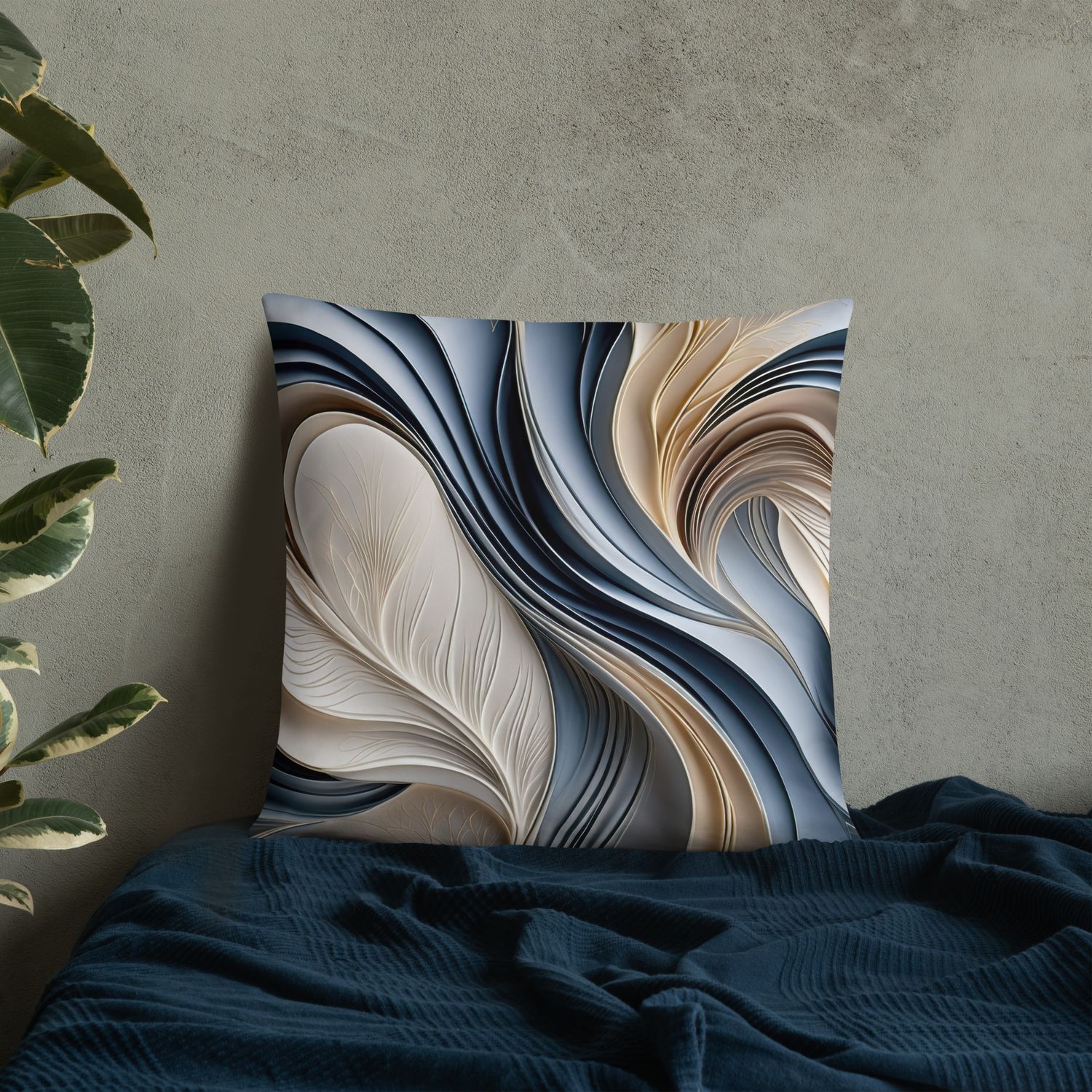 Golden Air – Soft Blue &amp; Gold Flowing Abstract Pillow
