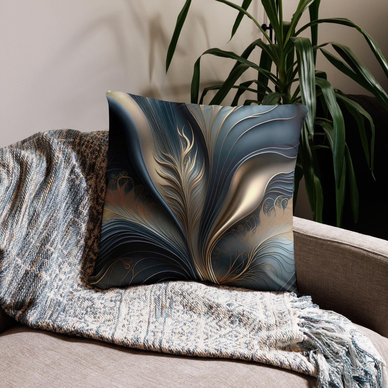 Emerald Whisper - Teal and Gold Abstract Floral Art Pillow