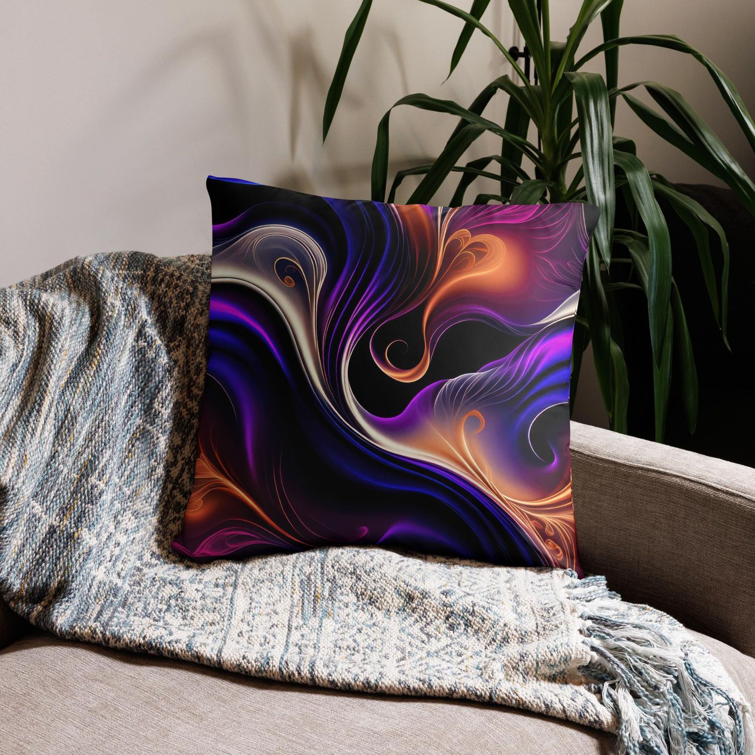 Fiery Waves - Bold Purple, Orange, and Gold Abstract Pillow