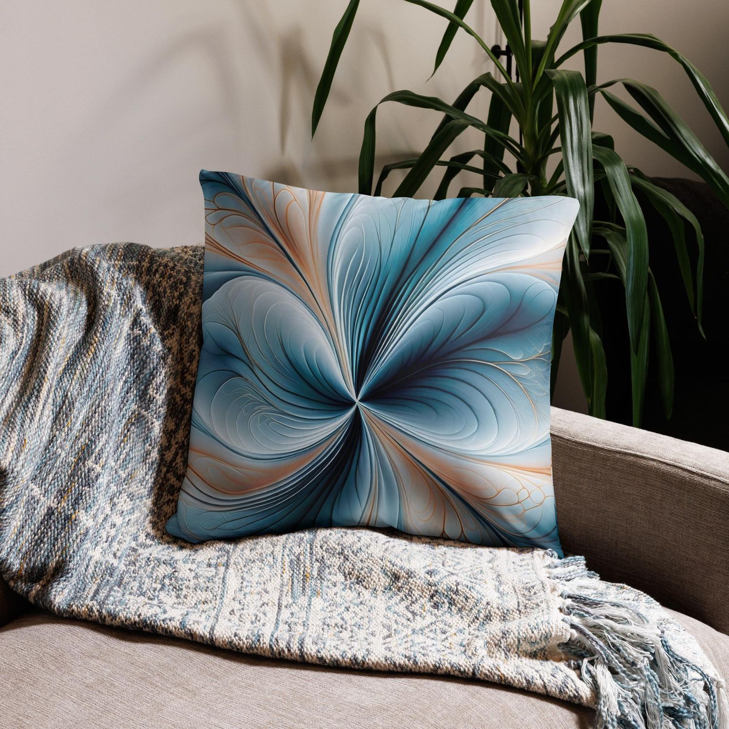 Floral Cascade - Soft Teal and Gold Abstract Flow  Pillow