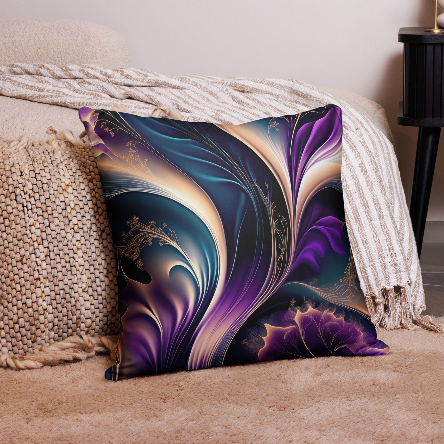 Floral Symphony - Deep Purple and Gold Abstract  Pillow