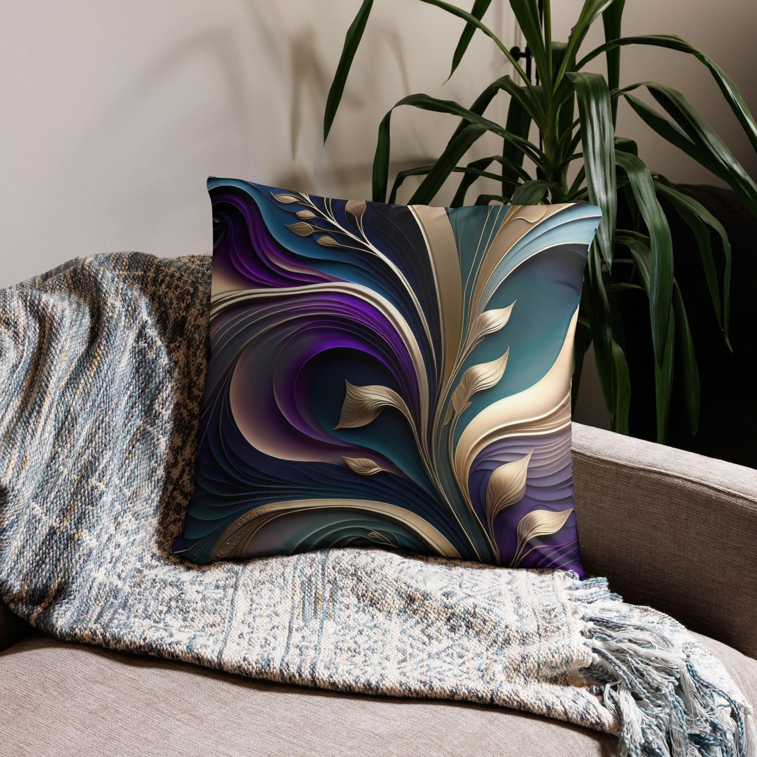 Golden Bloom - Deep Purple and Teal Abstract Floral Pillow