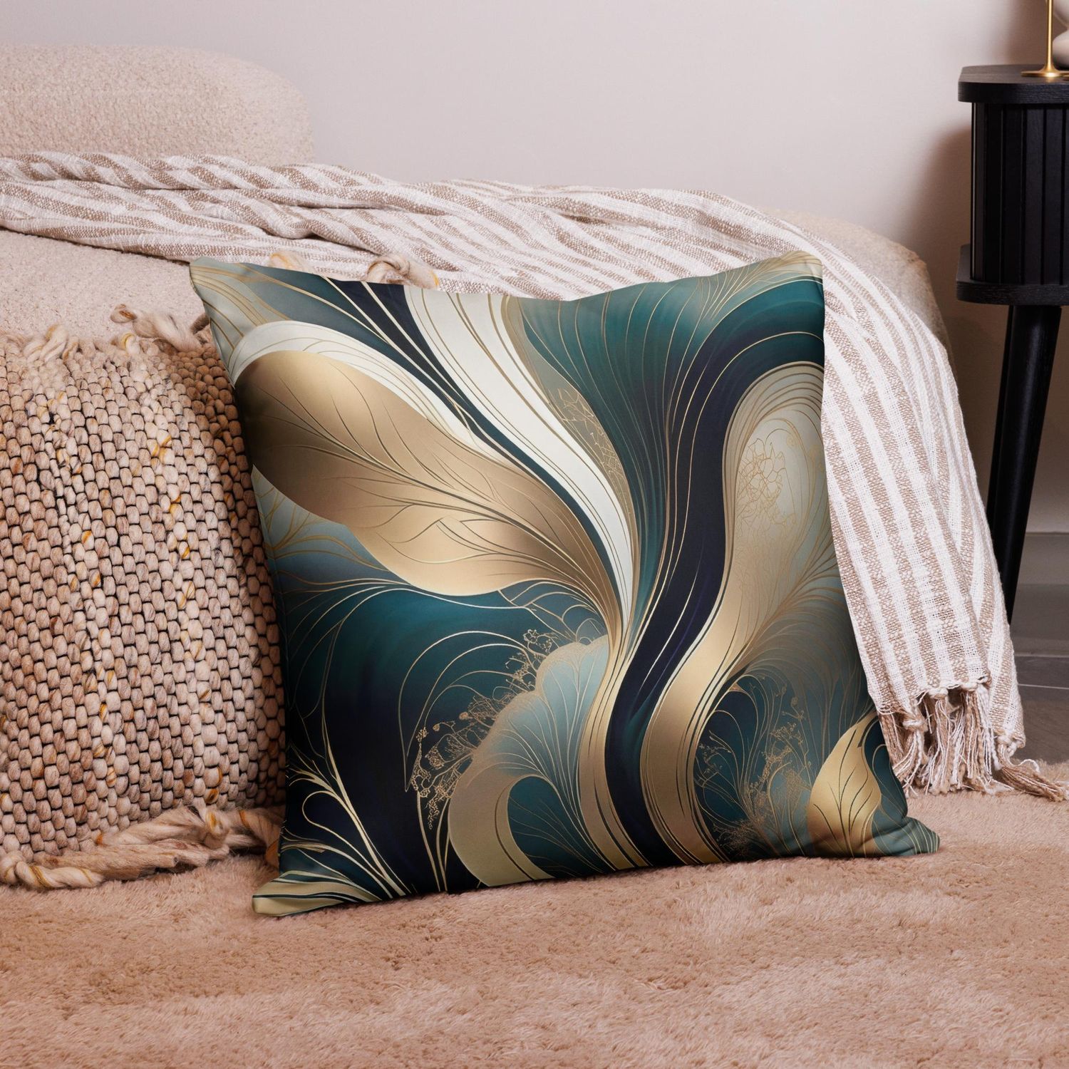 Golden Harmony - Teal and Gold Abstract Pillow
