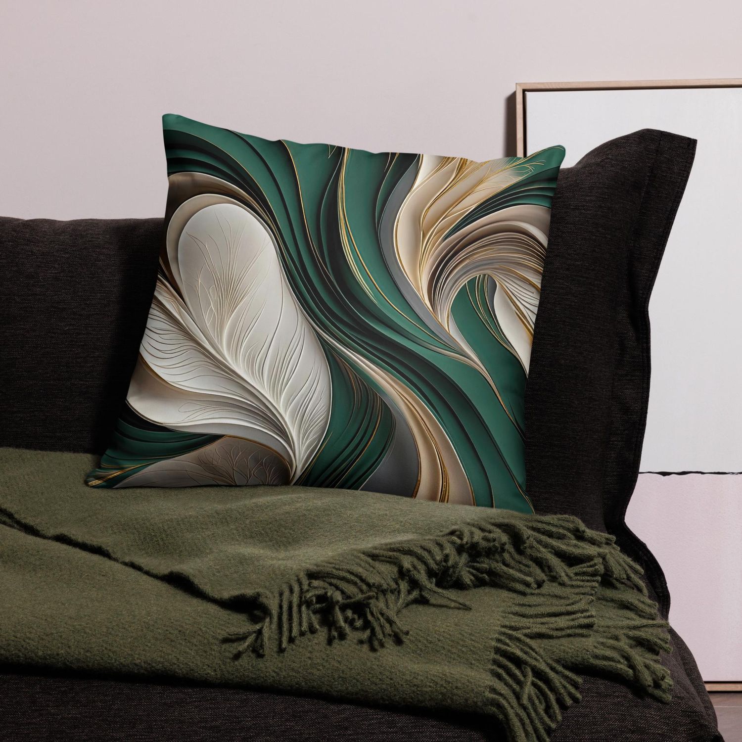 Golden Air – Emerald &amp; Gold Flowing Abstract Pillow