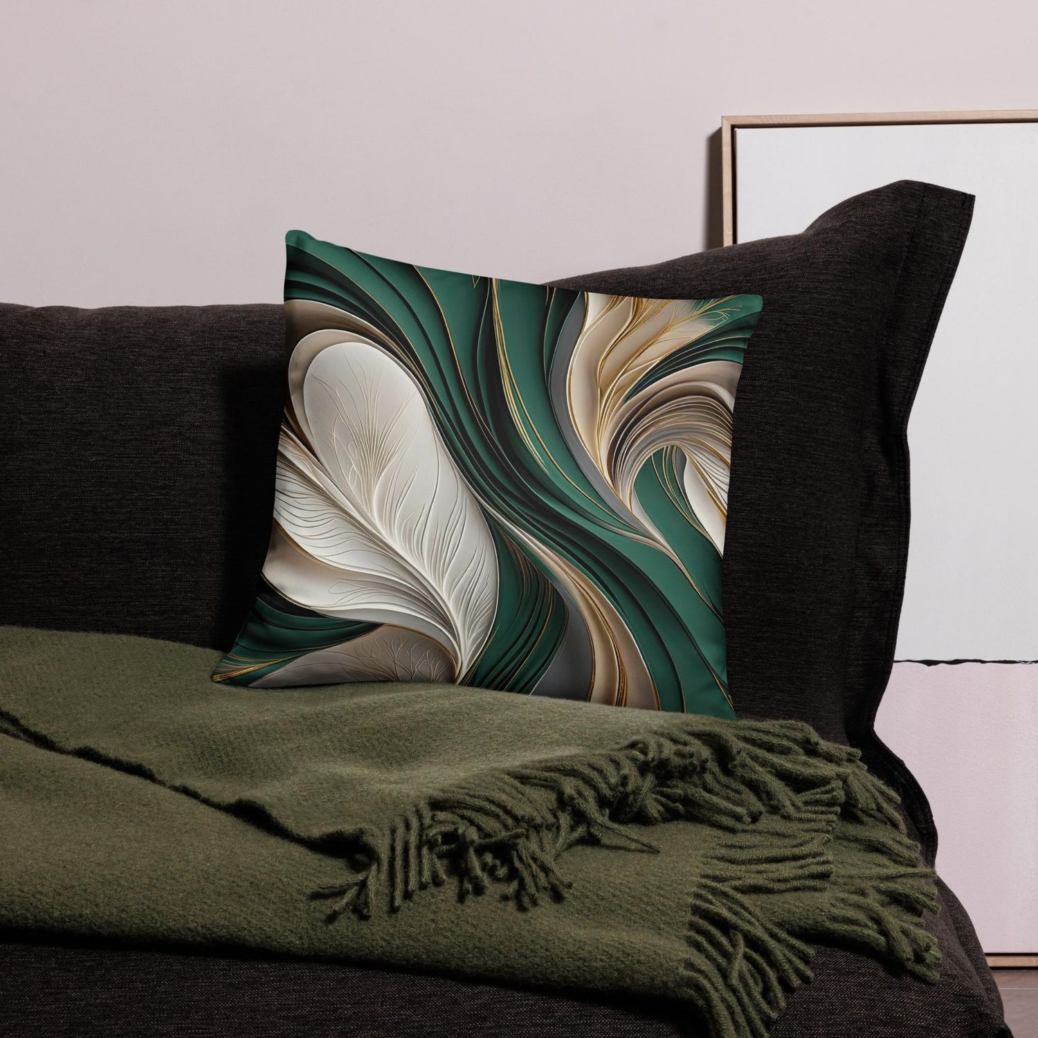 Golden Air – Emerald &amp; Gold Flowing Abstract Pillow, Size: 18×18 in — Throw Pillow
