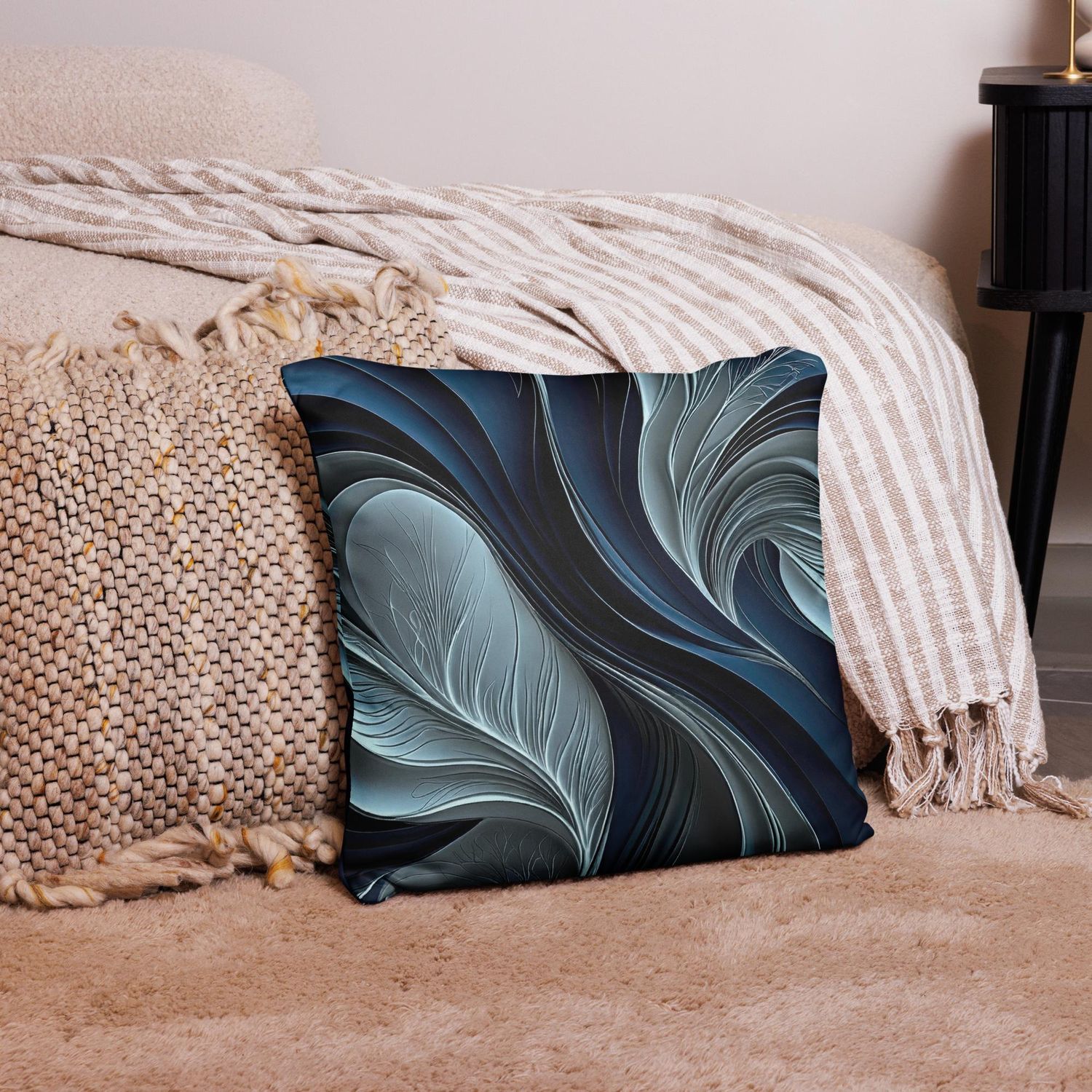 Golden Air – Indigo Flowing Abstract Pillow, Size: 18×18 in — Throw Pillow
