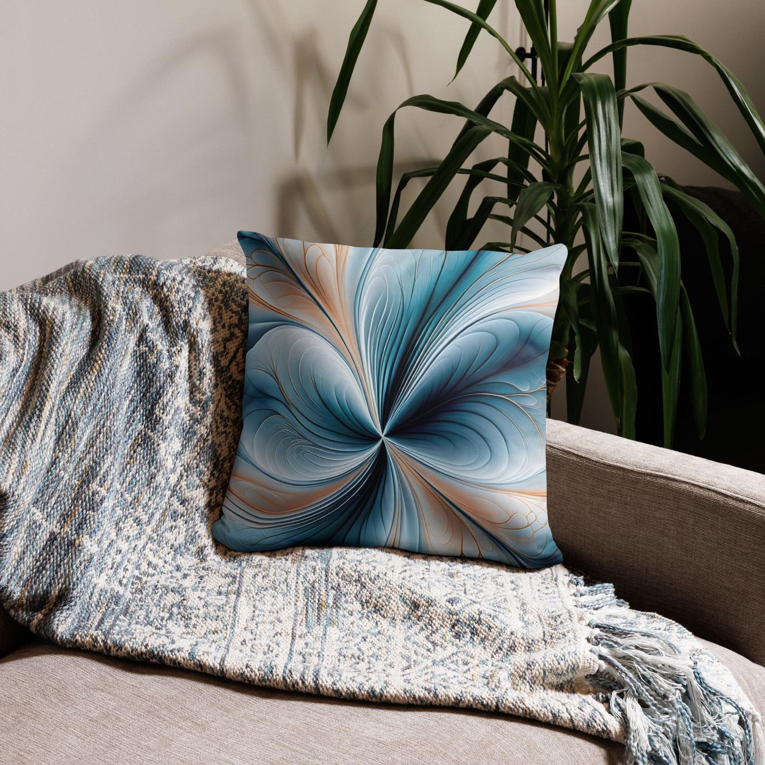 Floral Cascade - Soft Teal and Gold Abstract Flow  Pillow, Size: 18×18 in — Throw Pillow