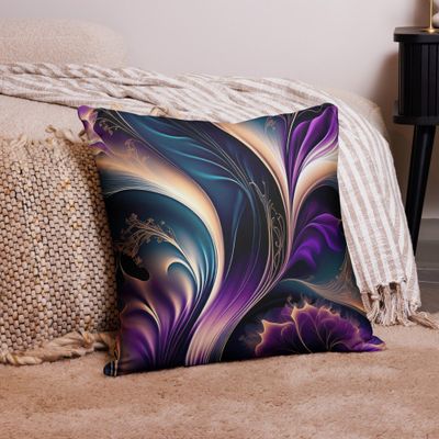 Floral Symphony - Deep Purple and Gold Abstract  Pillow
