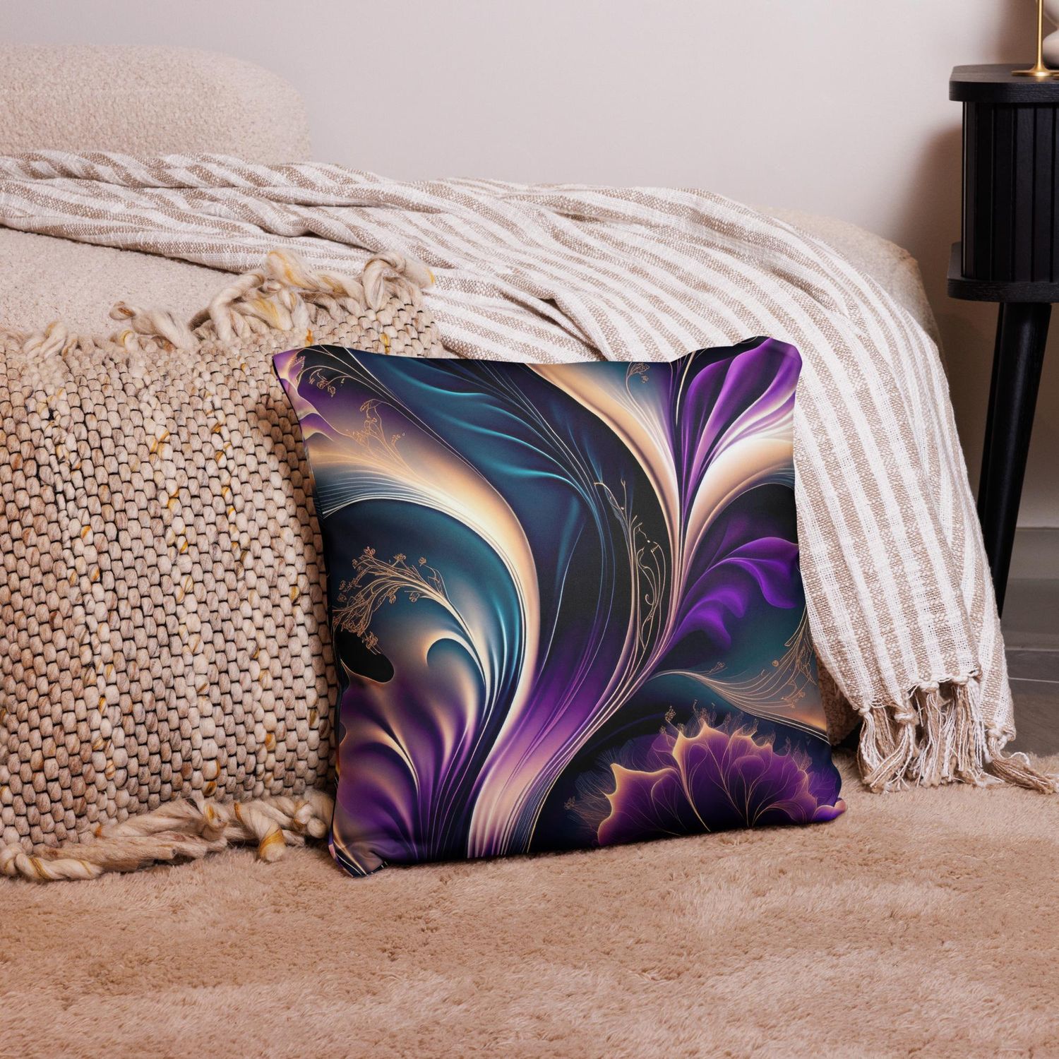 Floral Symphony - Deep Purple and Gold Abstract  Pillow, Size: 18×18 in — Throw Pillow