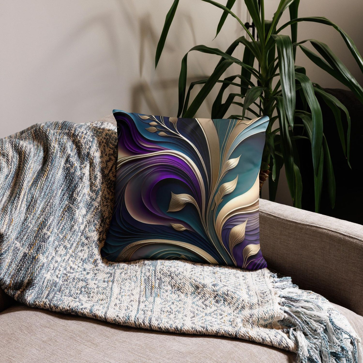 Golden Bloom - Deep Purple and Teal Abstract Floral Pillow, Size: 18×18 in — Throw Pillow