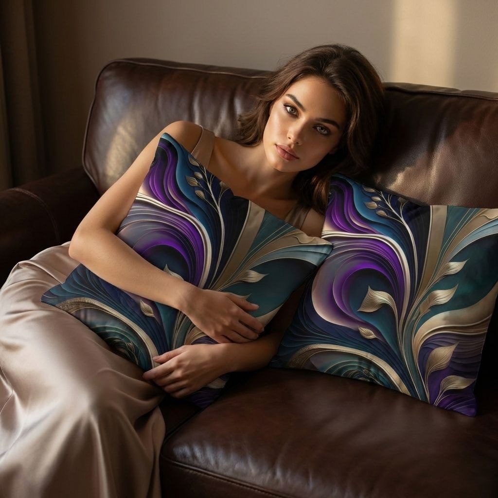 Golden Bloom - Deep Purple and Teal Abstract Floral Pillow