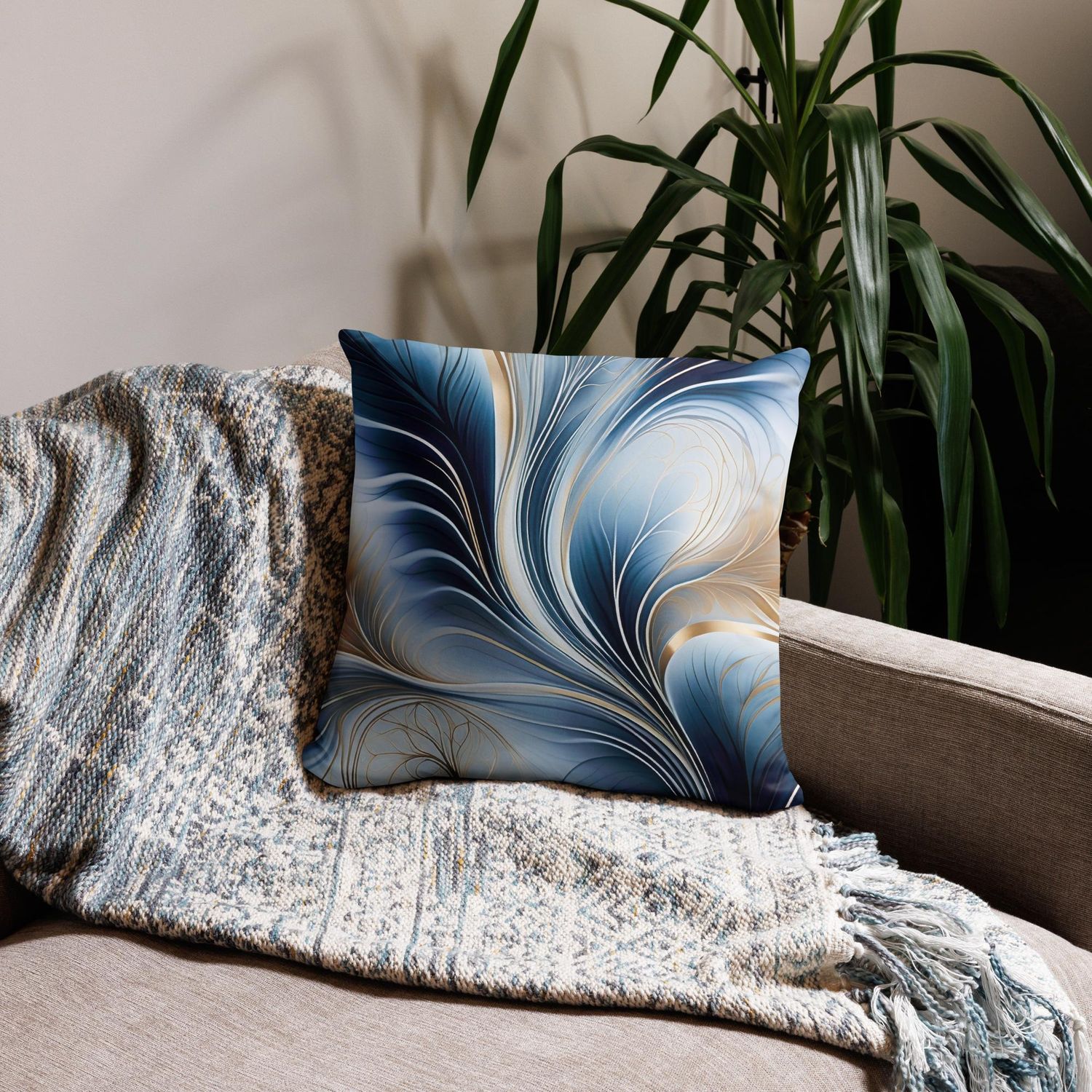Golden Breeze - Flow of Blue and Gold Abstract Pillow, Size: 18×18 in — Throw Pillow