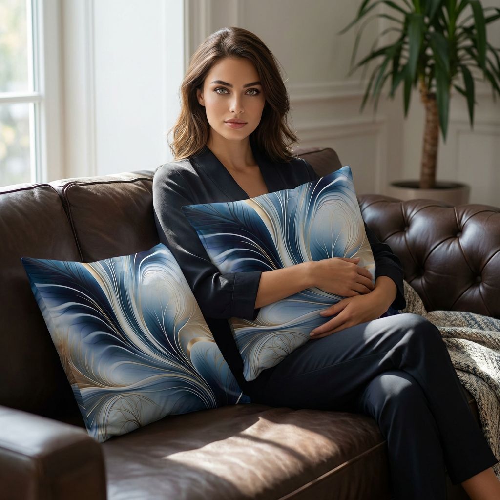 Golden Breeze - Flow of Blue and Gold Abstract Pillow