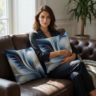 Golden Breeze - Flow of Blue and Gold Abstract Pillow