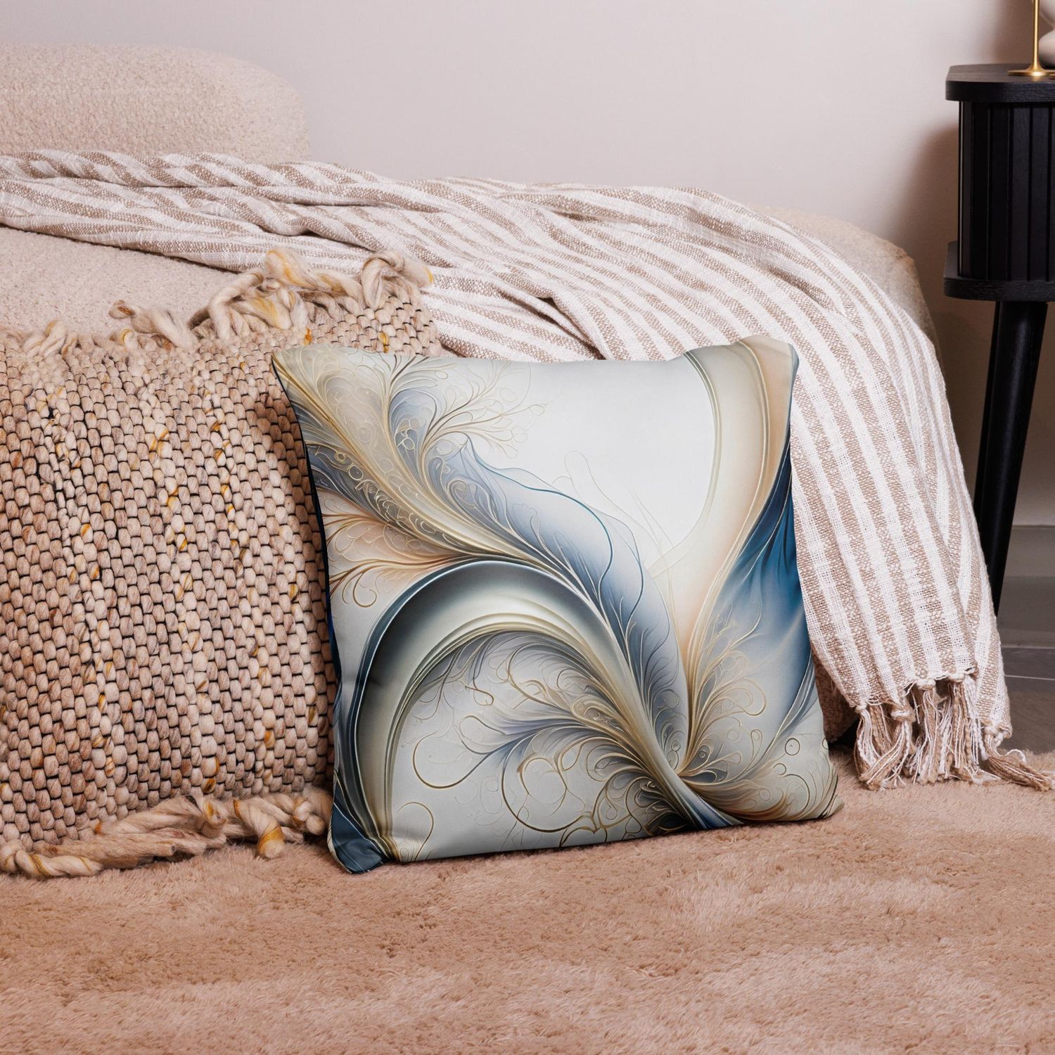 Golden Breeze - Soft Blue and Gold Flowing Abstract Pillow, Size: 18×18 in — Throw Pillow