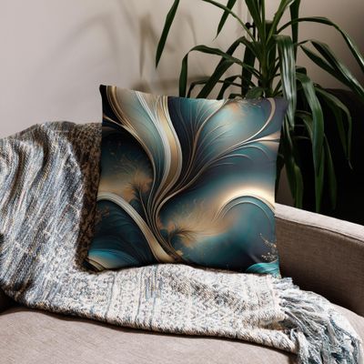 Golden Breeze - Teal and Gold Flowing Abstract Pillow