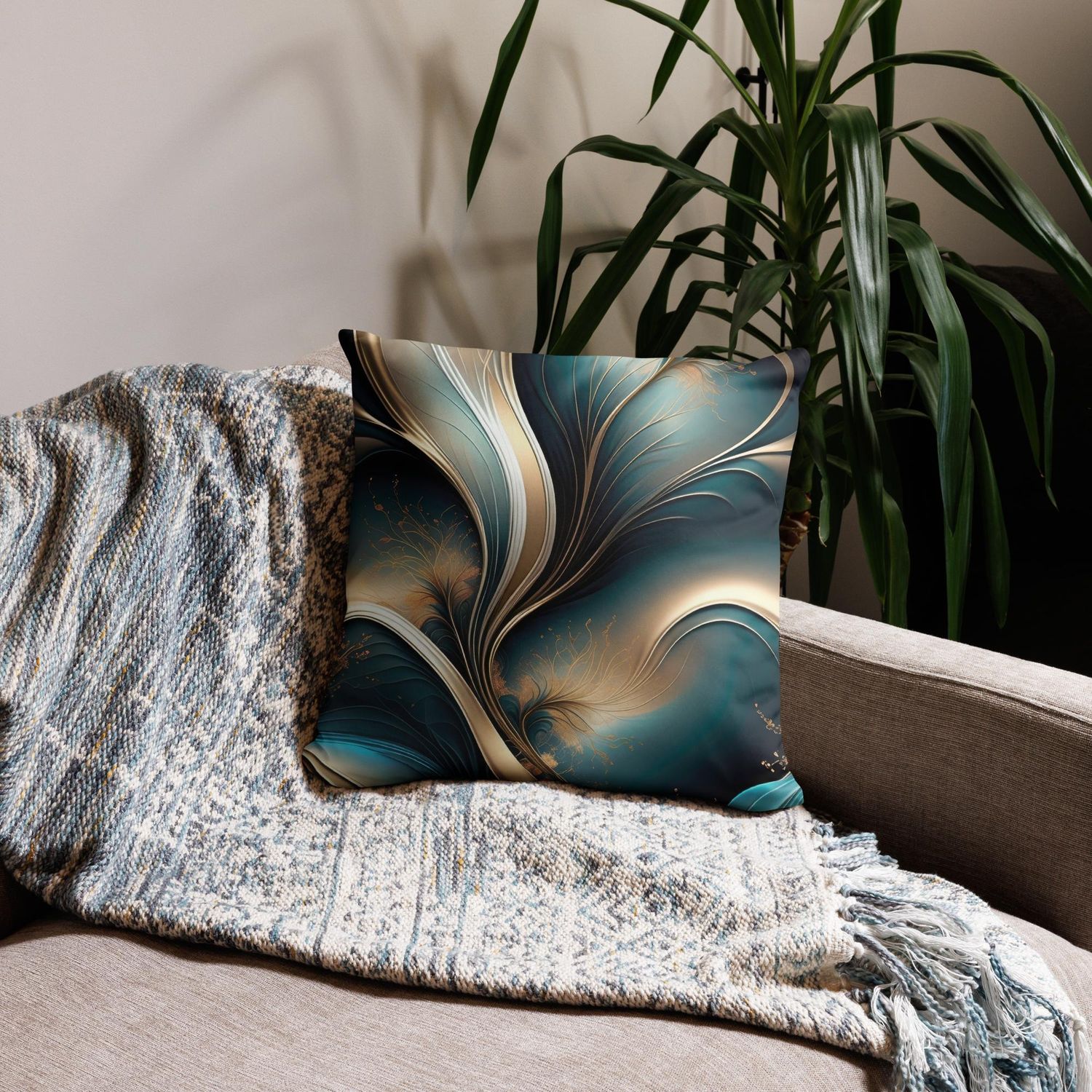 Golden Breeze - Teal and Gold Flowing Abstract Pillow, Size: 18×18 in — Throw Pillow