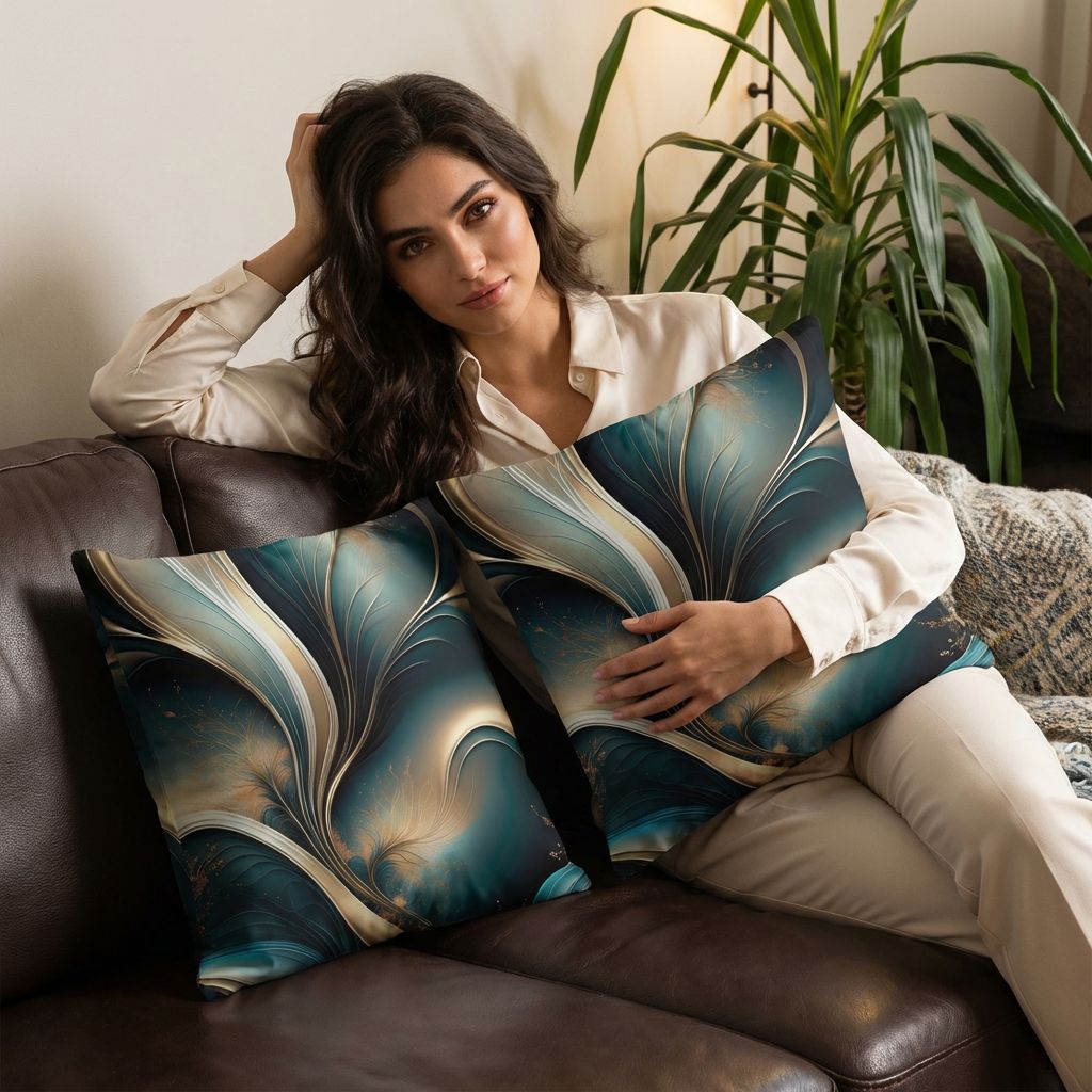 Golden Breeze - Teal and Gold Flowing Abstract Pillow