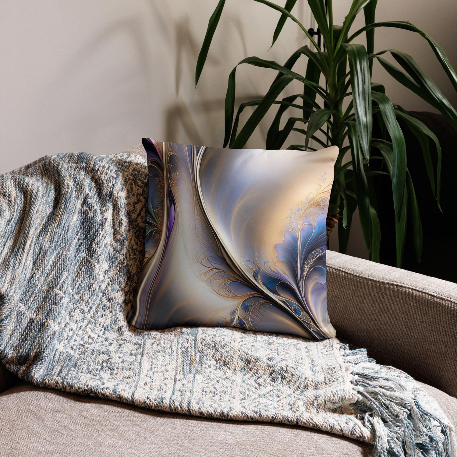 Golden Flow - Abstract Blue and Gold Fluid Art Pillow, Size: 18×18 in — Throw Pillow